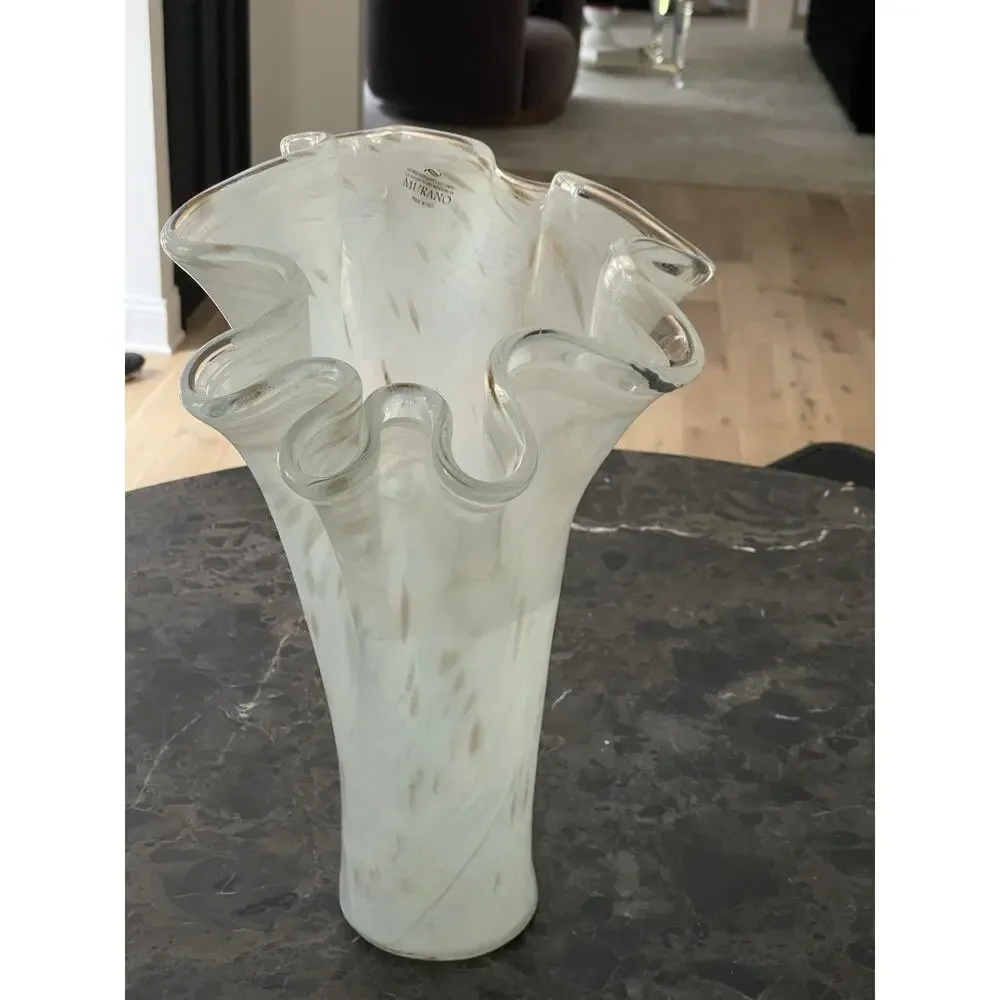 Vintage Murano Art Glass Whit Swirl & Copper Flecks Handkerchief Vase MCM Italy